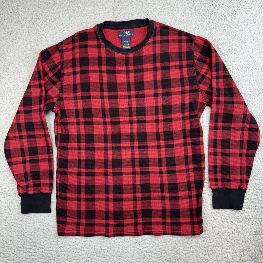 Polo Ralph Lauren Men's Medium Waffle Knit Thermal Shirt Buffalo Plaid Red Black